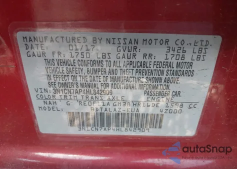 2017 Nissan Versa 1.6 S+ z USA, uszkodzony, nr VIN 3N1CN7AP4HL842909